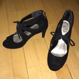 Black suede peep toe heels